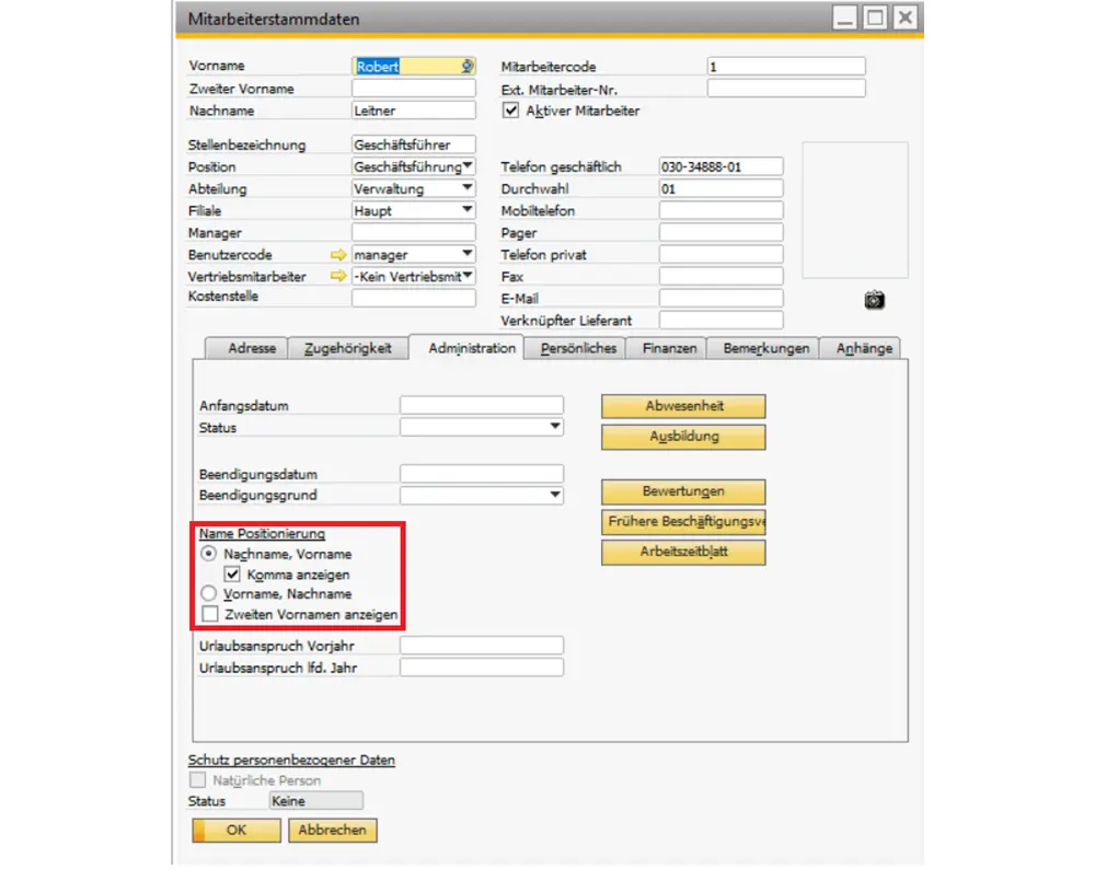 SAP Business One FP2108 Mitarbeiterstamm • bob Systemlösungen